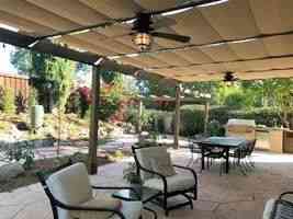 Home patio with fabric retractable canopies